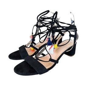J. Crew Suede Lace-Up Sandals with Beaded Tassels Block Heel Size 9